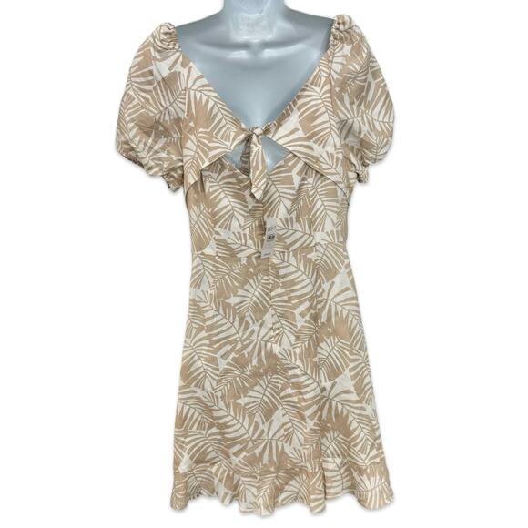 Ann Taylor LOFT Tan Palm Leaf Linen Square Neck Puff Sleeve Dress sz 12 NEW Tags - Picture 3 of 13